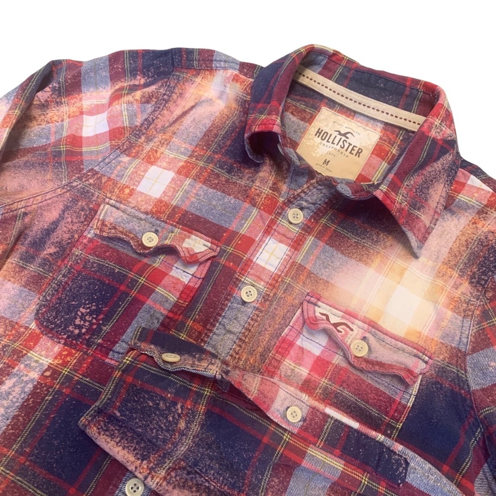 Hollister‎ Mens Bleached Plaid Flannel Shirt Red Blue Distressed Long Sleeve M